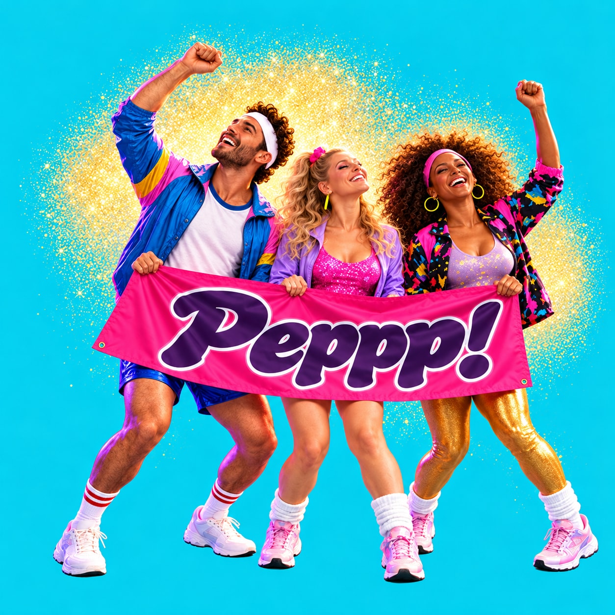 Peppp! artwork with three dancers in bright sportswear holding a pink banner